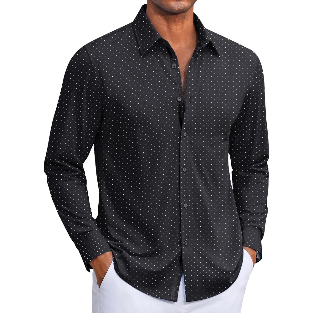 image:imageCOOFANDY Mens Dress Shirt Long Sleeve Wrinkle Free Casual Button Down Shirt  Knit ShirtUntucked ShirtsBusiness Casual ShirtBlack Polka Dots