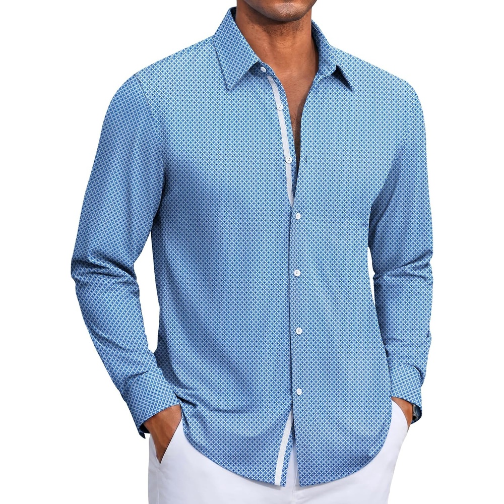 image:imageCOOFANDY Mens Dress Shirt Long Sleeve Wrinkle Free Casual Button Down Shirt  Knit ShirtUntucked ShirtsBusiness Casual ShirtBluewhite Star