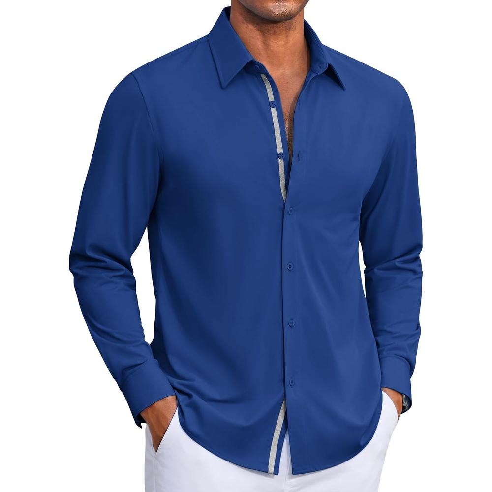 image:imageCOOFANDY Mens Dress Shirt Long Sleeve Wrinkle Free Casual Button Down Shirt Knit ShirtUntucked ShirtsBusiness Casual ShirtDark Blue