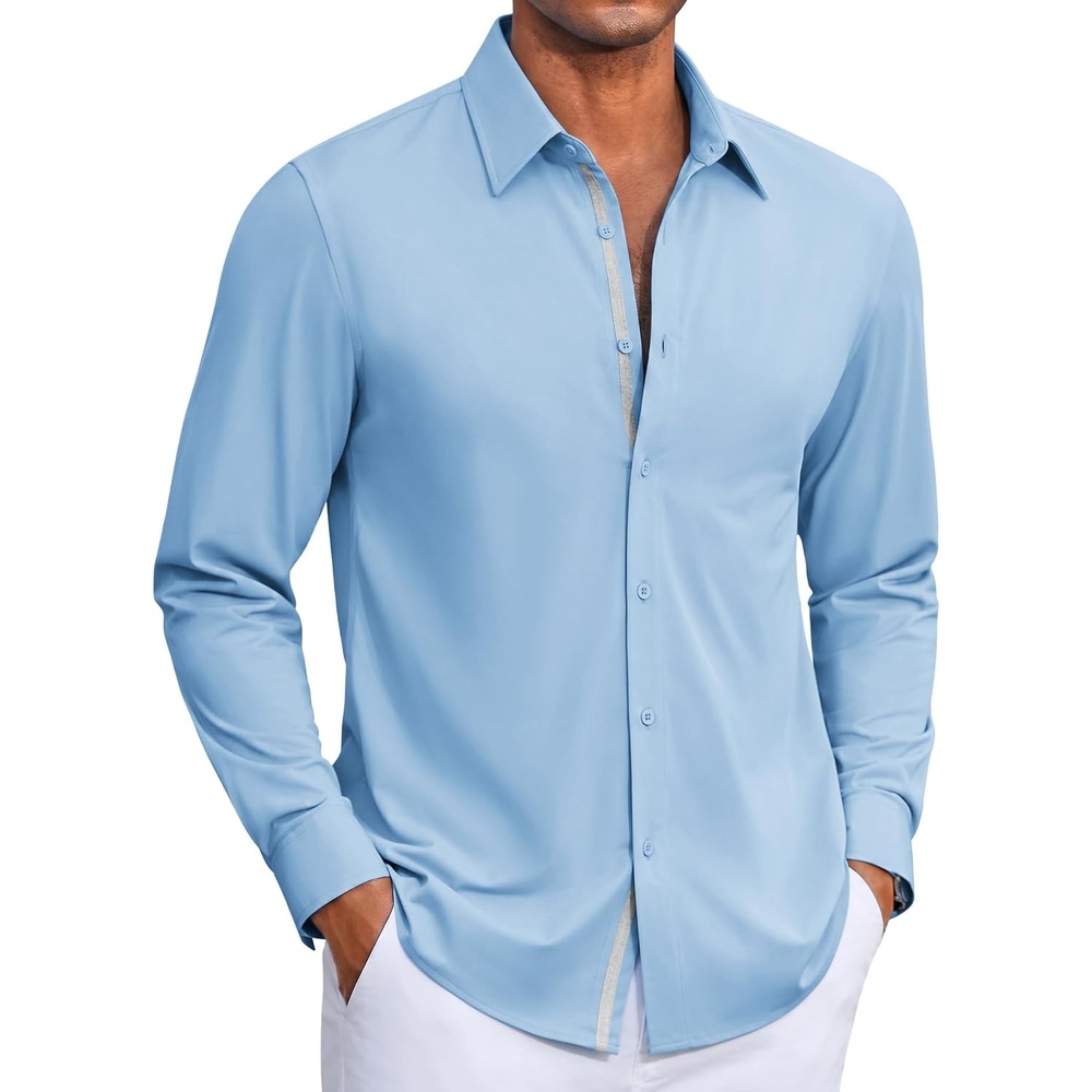 image:imageCOOFANDY Mens Dress Shirt Long Sleeve Wrinkle Free Casual Button Down Shirt Knit ShirtUntucked ShirtsBusiness Casual ShirtLight Blue