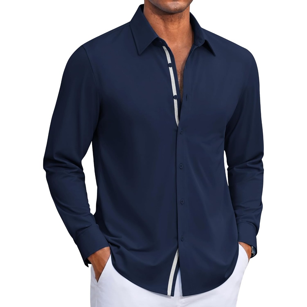 image:imageCOOFANDY Mens Dress Shirt Long Sleeve Wrinkle Free Casual Button Down Shirt Knit ShirtUntucked ShirtsBusiness Casual ShirtNavy Blue