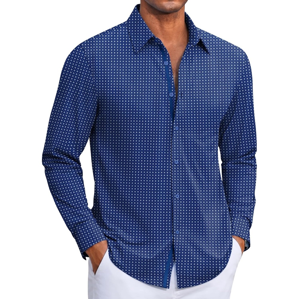 image:imageCOOFANDY Mens Dress Shirt Long Sleeve Wrinkle Free Casual Button Down Shirt  Knit ShirtUntucked ShirtsBusiness Casual ShirtWhite Blue Square