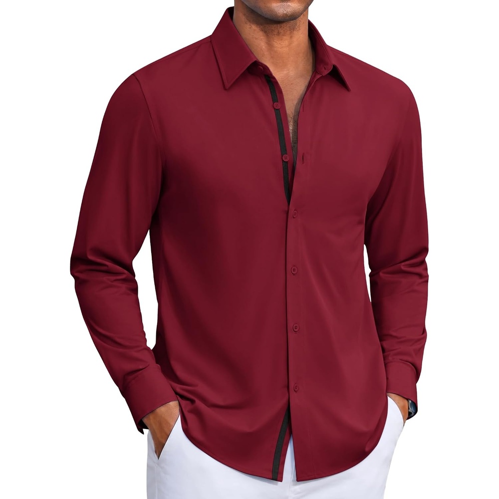 image:imageCOOFANDY Mens Dress Shirt Long Sleeve Wrinkle Free Casual Button Down Shirt Knit ShirtUntucked ShirtsBusiness Casual ShirtWine Red
