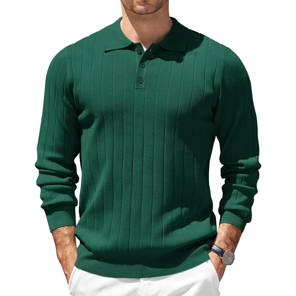 image:imageCOOFANDY Mens Knit Polo Shirts Long Sleeve Casual Dress Pullover Sweater 3 Button Polo Sweater Old Money Lightweight Cozy Daily and Social Outings Slim Fit S4XLDark Green