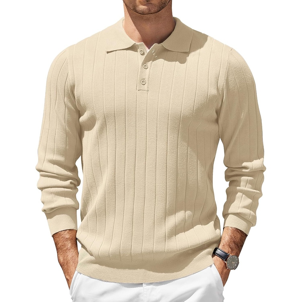 image:imageCOOFANDY Mens Knit Polo Shirts Long Sleeve Casual Dress Pullover Sweater 3 Button Polo Sweater Old Money Lightweight Cozy Daily and Social Outings Slim Fit S4XLChampagne