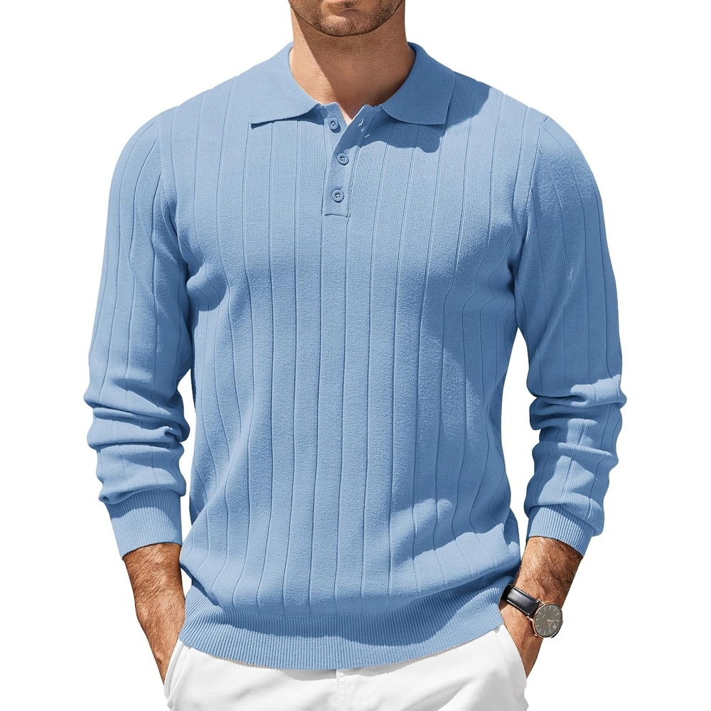 image:imageCOOFANDY Mens Knit Polo Shirts Long Sleeve Casual Dress Pullover Sweater 3 Button Polo Sweater Old Money Lightweight Cozy Daily and Social Outings Slim Fit S4XLLight Blue