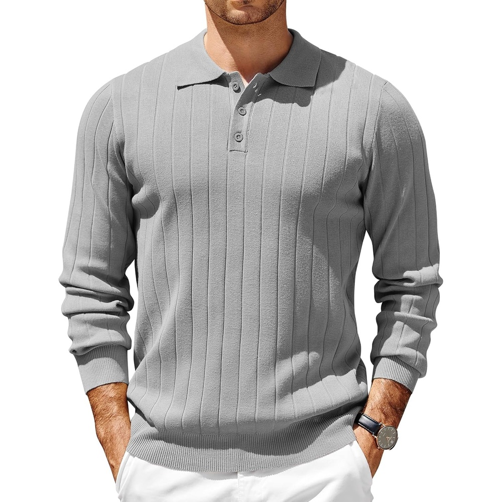image:imageCOOFANDY Mens Knit Polo Shirts Long Sleeve Casual Dress Pullover Sweater 3 Button Polo Sweater Old Money Lightweight Cozy Daily and Social Outings Slim Fit S4XLLight Grey