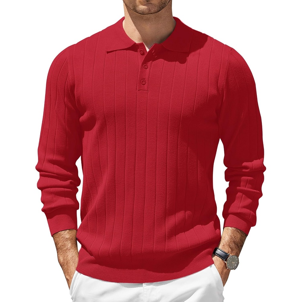 image:imageCOOFANDY Mens Knit Polo Shirts Long Sleeve Casual Dress Pullover Sweater 3 Button Polo Sweater Old Money Lightweight Cozy Daily and Social Outings Slim Fit S4XLRed