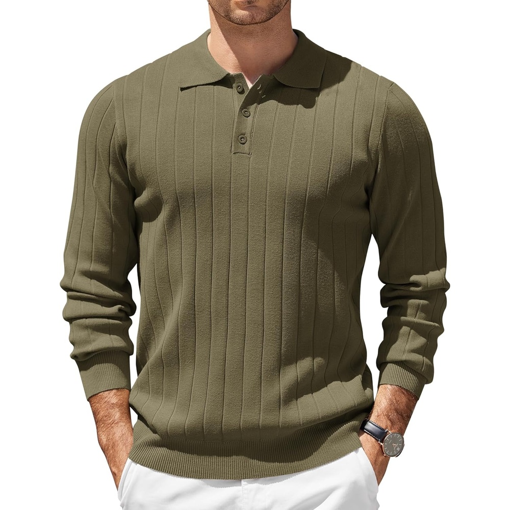 image:imageCOOFANDY Mens Knit Polo Shirts Long Sleeve Casual Dress Pullover Sweater 3 Button Polo Sweater Old Money Lightweight Cozy Daily and Social Outings Slim Fit S4XLArmy Green