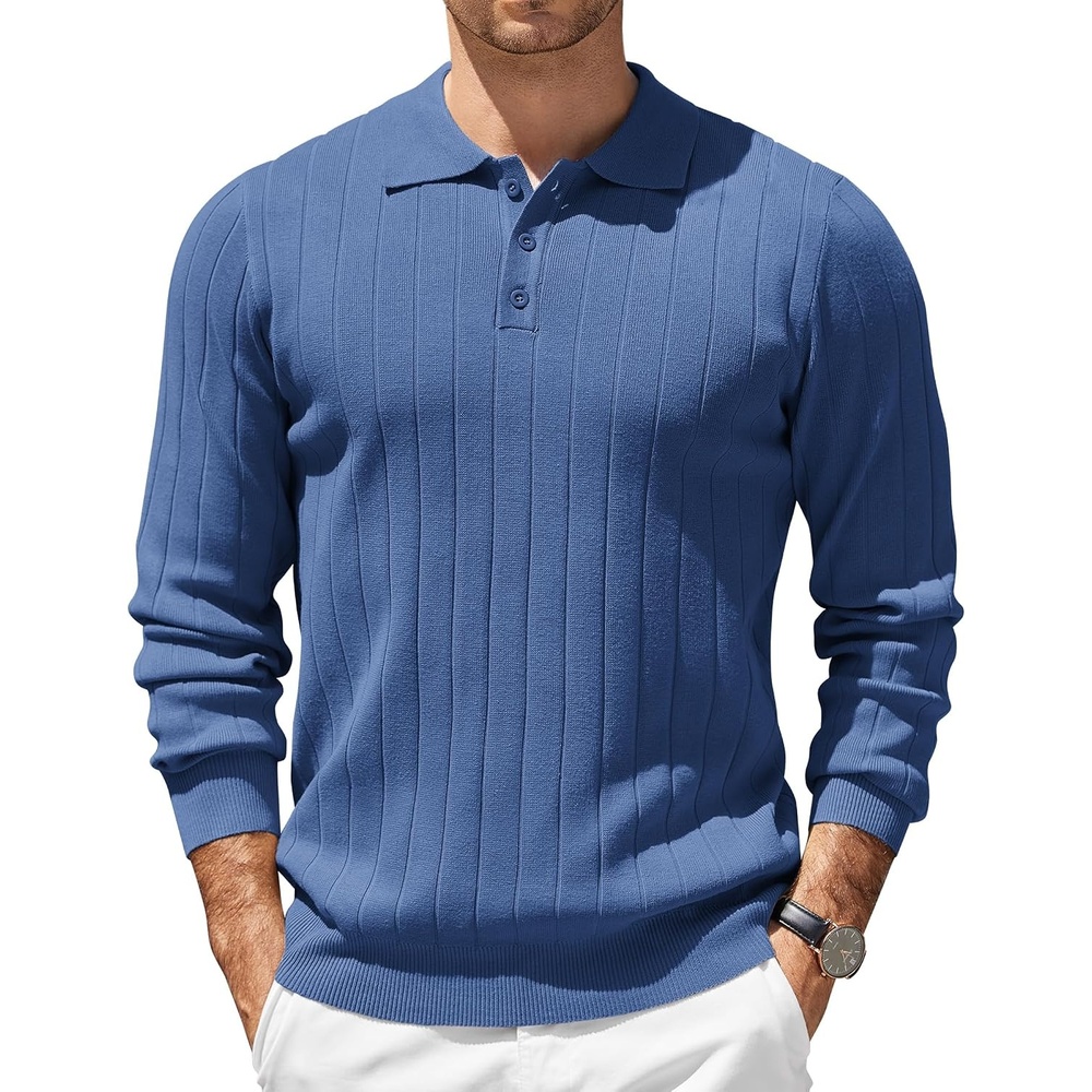 image:imageCOOFANDY Mens Knit Polo Shirts Long Sleeve Casual Dress Pullover Sweater 3 Button Polo Sweater Old Money Lightweight Cozy Daily and Social Outings Slim Fit S4XLDemin Blue