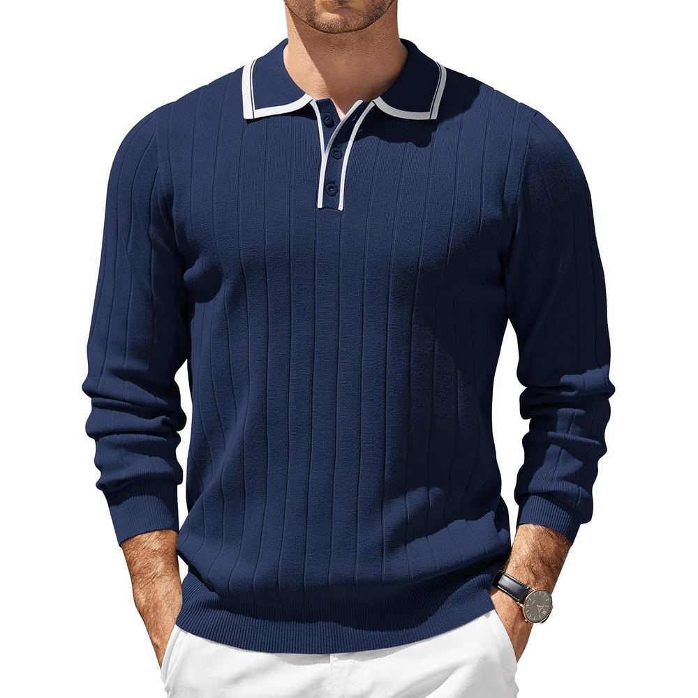 image:imageCOOFANDY Mens Knit Polo Shirts Long Sleeve Casual Dress Pullover Sweater 3 Button Polo Sweater Old Money Lightweight Cozy Daily and Social Outings Slim Fit S4XLNavy White