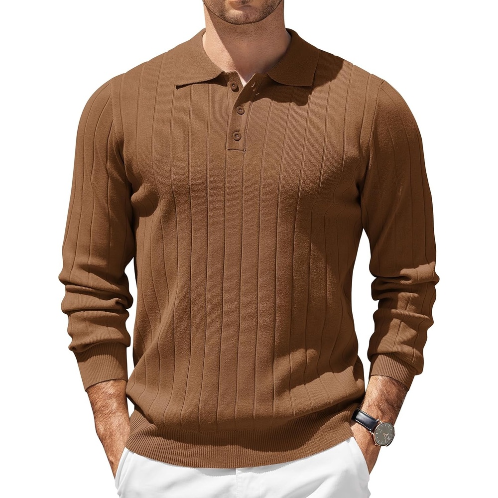 image:imageCOOFANDY Mens Knit Polo Shirts Long Sleeve Casual Dress Pullover Sweater 3 Button Polo Sweater Old Money Lightweight Cozy Daily and Social Outings Slim Fit S4XLBrown