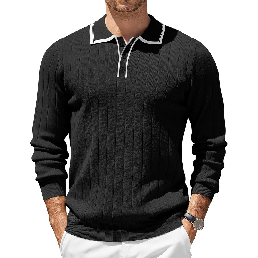 image:imageCOOFANDY Mens Knit Polo Shirts Long Sleeve Casual Dress Pullover Sweater 3 Button Polo Sweater Old Money Lightweight Cozy Daily and Social Outings Slim Fit S4XLBlack White