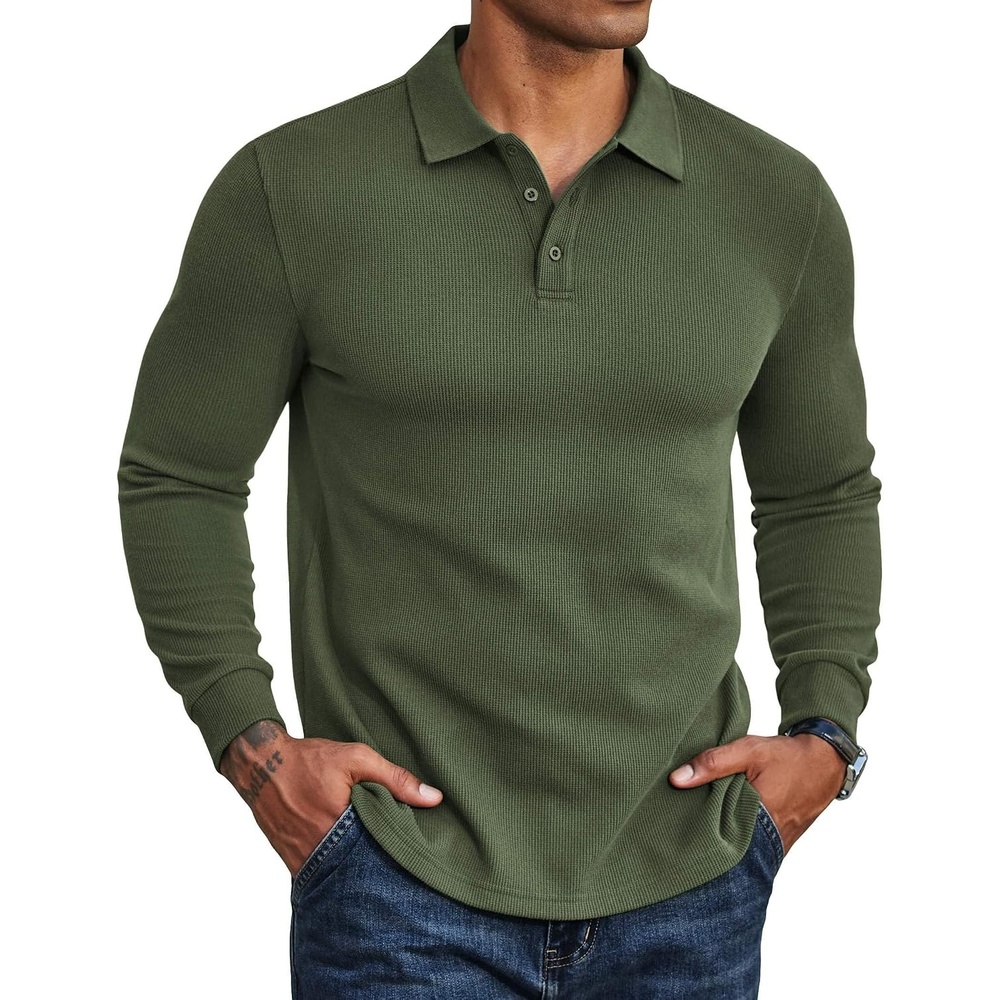 image:imageCOOFANDY Mens Long Sleeve Polo Shirts Casual Waffle Button Polo Classic Collared Design Soft Breathable Fabric Versatile Casual Fashion WearArmy Green