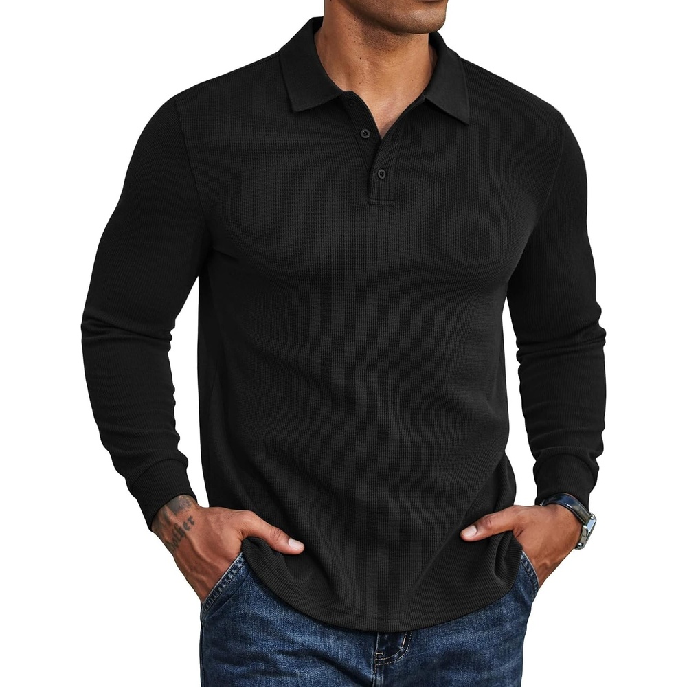 image:imageCOOFANDY Mens Long Sleeve Polo Shirts Casual Waffle Button Polo Classic Collared Design Soft Breathable Fabric Versatile Casual Fashion WearBlack