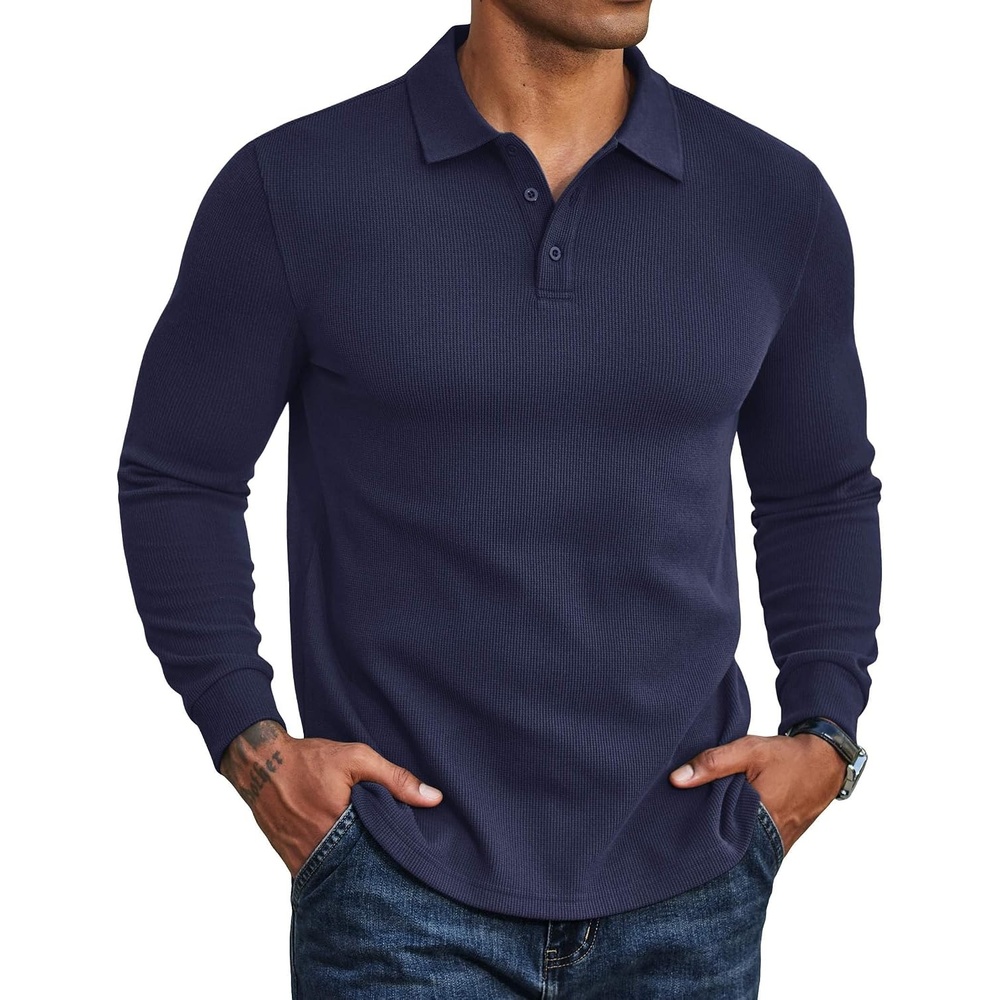 image:imageCOOFANDY Mens Long Sleeve Polo Shirts Casual Waffle Button Polo Classic Collared Design Soft Breathable Fabric Versatile Casual Fashion WearDark Blue