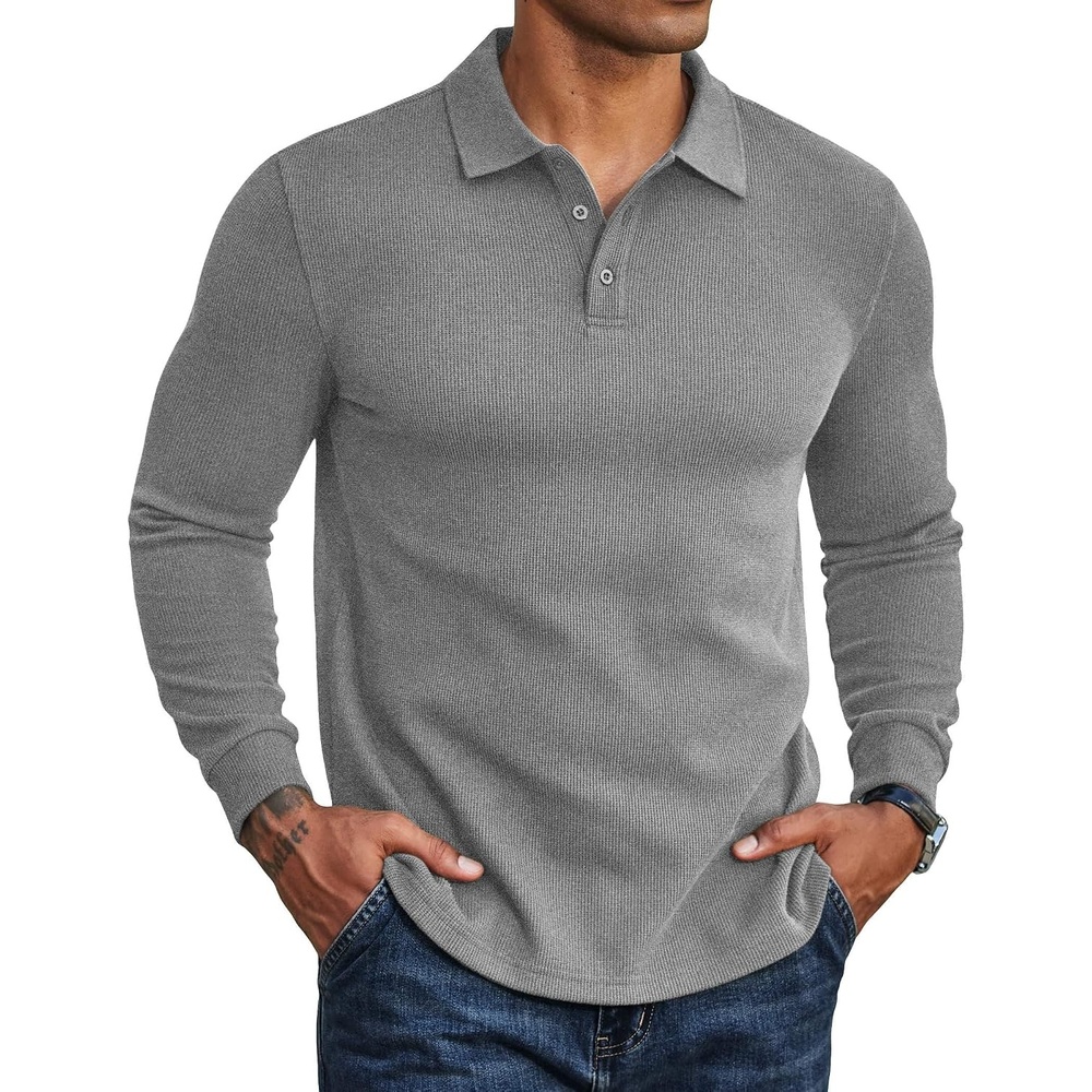 image:imageCOOFANDY Mens Long Sleeve Polo Shirts Casual Waffle Button Polo Classic Collared Design Soft Breathable Fabric Versatile Casual Fashion WearGrey