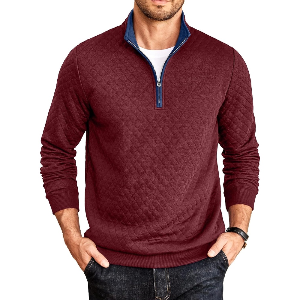 image:imageCOOFANDY Mens Quarter Zip Pullover Casual Mock Neck Quilted Sweatshirt 2026 Smooth metal zipper sweater warm without bulk long sleeve regular fit fall winterWine Red