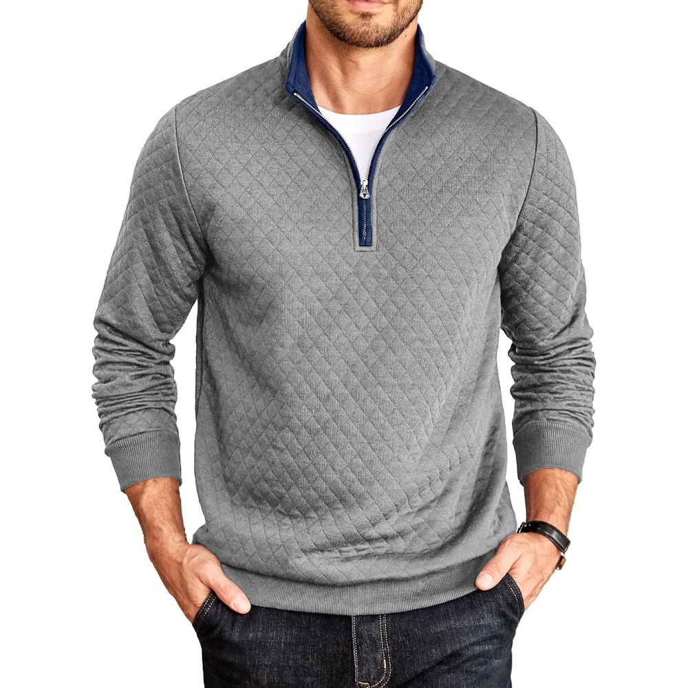 image:imageCOOFANDY Mens Quarter Zip Pullover Casual Mock Neck Quilted Sweatshirt 2026 Smooth metal zipper sweater warm without bulk long sleeve regular fit fall winterLight Gray