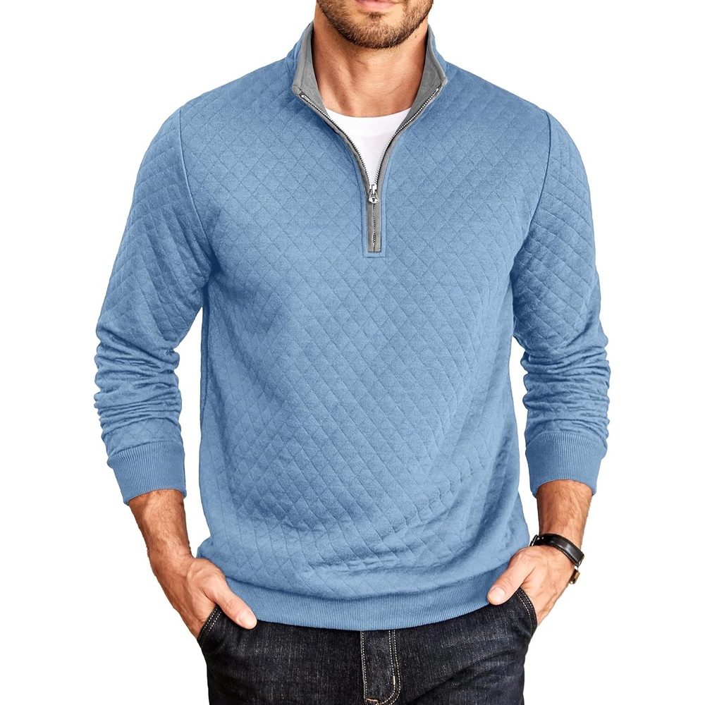 image:imageCOOFANDY Mens Quarter Zip Pullover Casual Mock Neck Quilted Sweatshirt 2026 Smooth metal zipper sweater warm without bulk long sleeve regular fit fall winterLight Blue