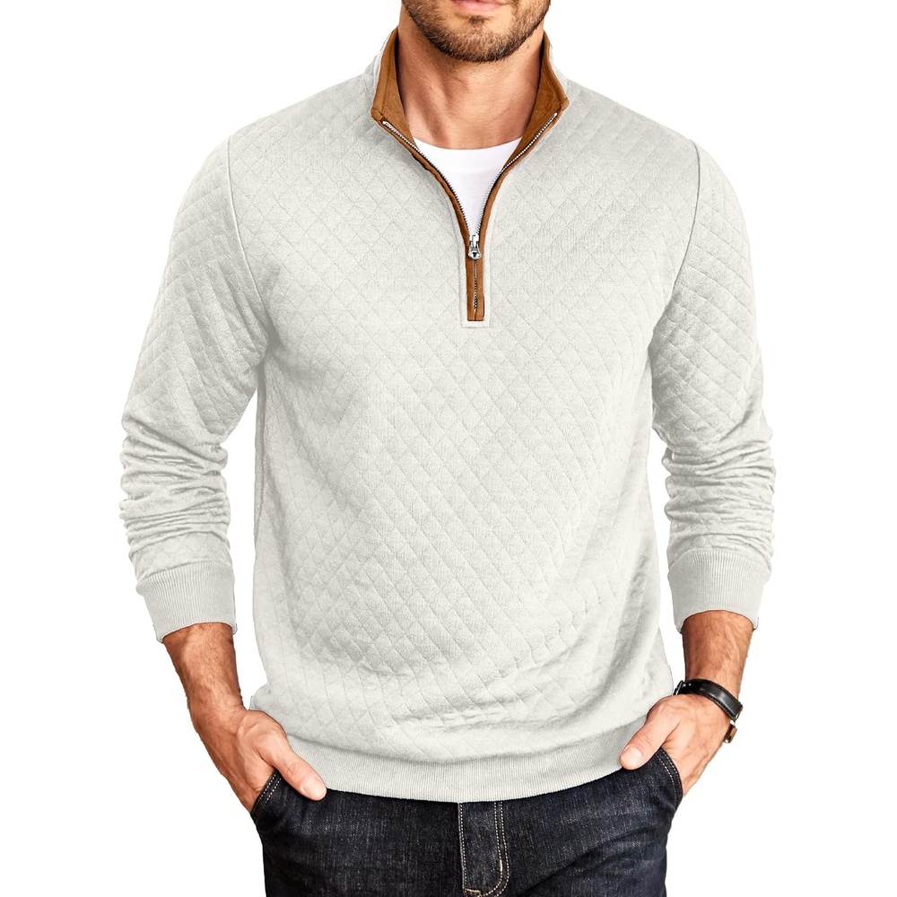 image:imageCOOFANDY Mens Quarter Zip Pullover Casual Mock Neck Quilted Sweatshirt 2026 Smooth metal zipper sweater warm without bulk long sleeve regular fit fall winterWhite
