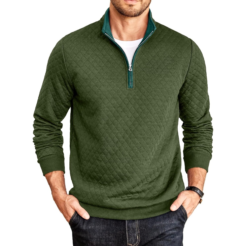 image:imageCOOFANDY Mens Quarter Zip Pullover Casual Mock Neck Quilted Sweatshirt 2026 Smooth metal zipper sweater warm without bulk long sleeve regular fit fall winterArmy Green
