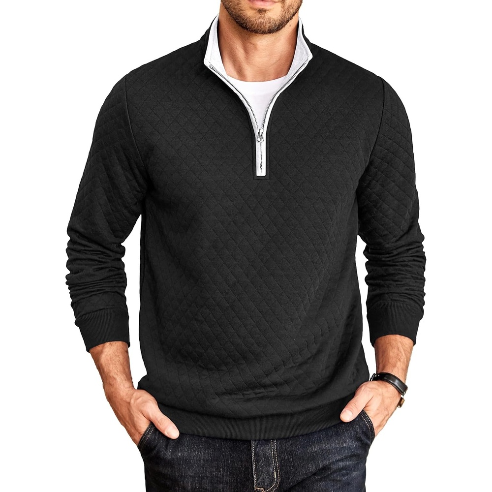 image:imageCOOFANDY Mens Quarter Zip Pullover Casual Mock Neck Quilted Sweatshirt 2026 Smooth metal zipper sweater warm without bulk long sleeve regular fit fall winterBlack 02