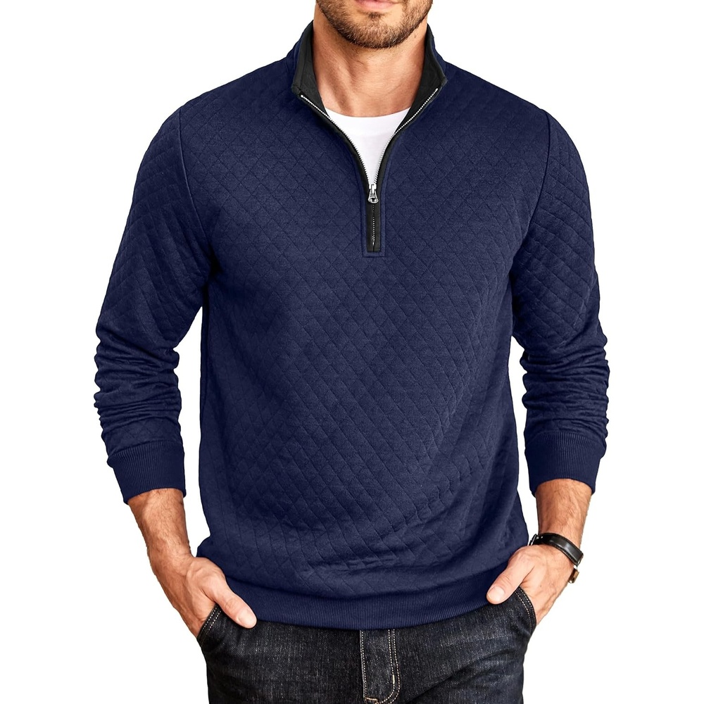 image:imageCOOFANDY Mens Quarter Zip Pullover Casual Mock Neck Quilted Sweatshirt 2026 Smooth metal zipper sweater warm without bulk long sleeve regular fit fall winterNavy