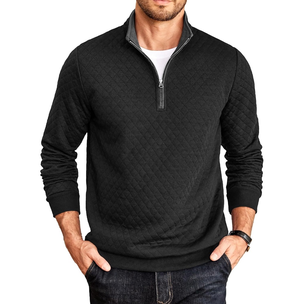 image:imageCOOFANDY Mens Quarter Zip Pullover Casual Mock Neck Quilted Sweatshirt 2026 Smooth metal zipper sweater warm without bulk long sleeve regular fit fall winterBlack 01