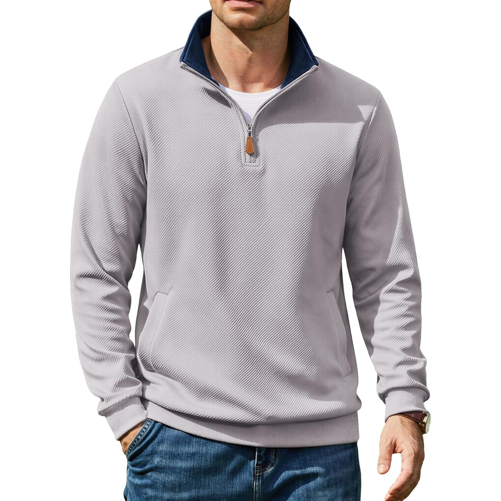 image:imageCOOFANDY Mens Quarter Zip Pullover Sweatshirts Casual Mock Neck Sweater Colorblocked Collar Long Sleeve Warm Pullover Quilted Twill Textured Fall Winter Fashion 2026 Loose Fit Two Side PocketsLight Gray