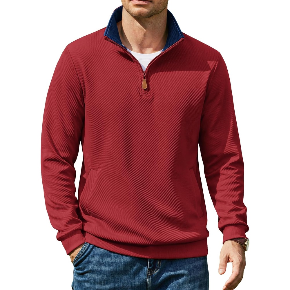 image:imageCOOFANDY Mens Quarter Zip Pullover Sweatshirts Casual Mock Neck Sweater Colorblocked Collar Long Sleeve Warm Pullover Quilted Twill Textured Fall Winter Fashion 2026 Loose Fit Two Side PocketsRed