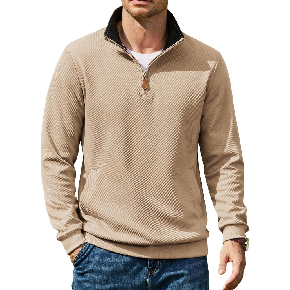 image:imageCOOFANDY Mens Quarter Zip Pullover Sweatshirts Casual Mock Neck Sweater Colorblocked Collar Long Sleeve Warm Pullover Quilted Twill Textured Fall Winter Fashion 2026 Loose Fit Two Side PocketsKhaki