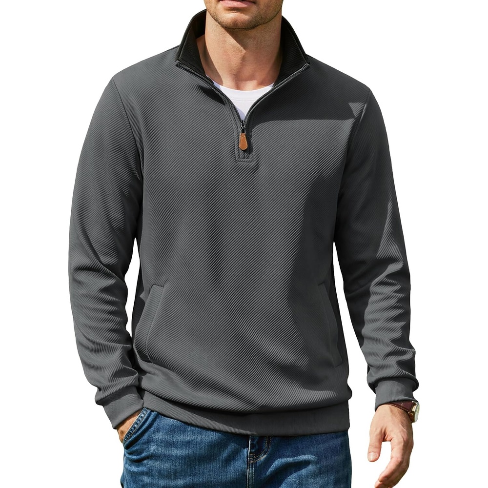 image:imageCOOFANDY Mens Quarter Zip Pullover Sweatshirts Casual Mock Neck Sweater Colorblocked Collar Long Sleeve Warm Pullover Quilted Twill Textured Fall Winter Fashion 2026 Loose Fit Two Side PocketsDark Gray