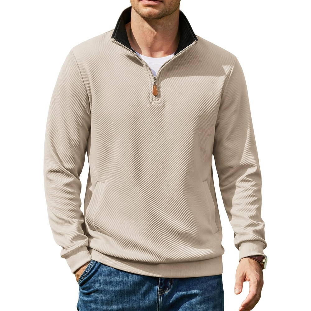 image:imageCOOFANDY Mens Quarter Zip Pullover Sweatshirts Casual Mock Neck Sweater Colorblocked Collar Long Sleeve Warm Pullover Quilted Twill Textured Fall Winter Fashion 2026 Loose Fit Two Side PocketsLight Khaki
