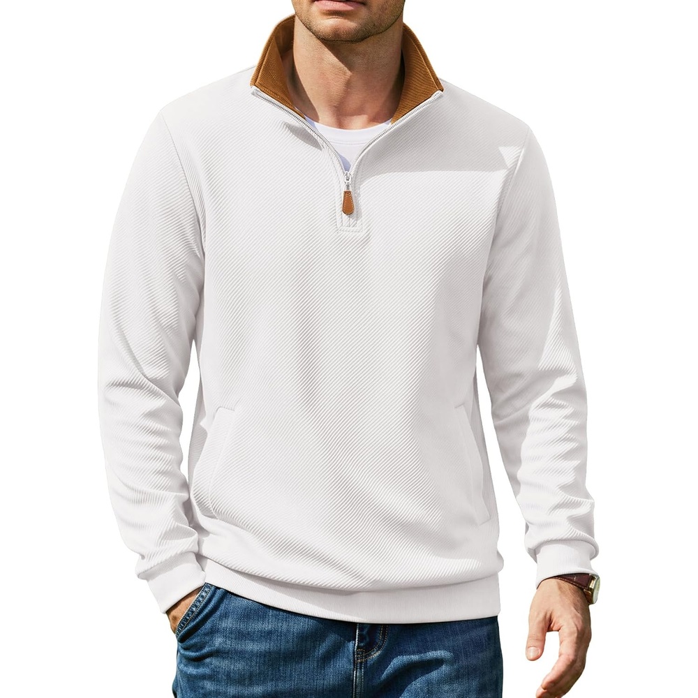 image:imageCOOFANDY Mens Quarter Zip Pullover Sweatshirts Casual Mock Neck Sweater Colorblocked Collar Long Sleeve Warm Pullover Quilted Twill Textured Fall Winter Fashion 2026 Loose Fit Two Side PocketsWhite