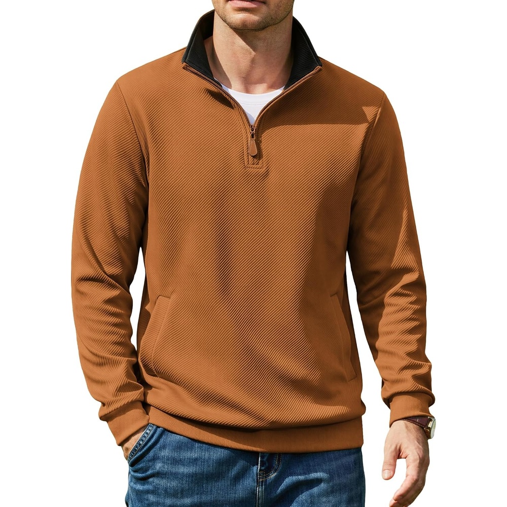 image:imageCOOFANDY Mens Quarter Zip Pullover Sweatshirts Casual Mock Neck Sweater Colorblocked Collar Long Sleeve Warm Pullover Quilted Twill Textured Fall Winter Fashion 2026 Loose Fit Two Side PocketsLight Brown