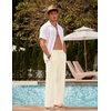 COOFANDY Men Linen Pants Casual Elastic Waist Drawstring Pants Summer Beach | Lightweight Breathable, Cotton Linen Trousers, Loose Fit with Pockets, Wide Leg, Vacation Yoga Lounge Wedding Dress(A- Light Khaki)