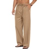 COOFANDY Men Linen Pants Casual Elastic Waist Drawstring Pants Summer Beach | Lightweight Breathable, Cotton Linen Trousers, Loose Fit with Pockets, Wide Leg, Vacation Yoga Lounge Wedding Dress(B- Dark Khaki)