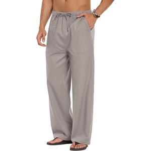 COOFANDY Men Linen Pants Casual Elastic Waist Drawstring Pants Summer Beach | Lightweight Breathable, Cotton Linen Trousers, Loose Fit with Pockets, Wide Leg, Vacation Yoga Lounge Wedding Dress(A- Medium Gray)