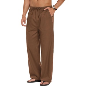 COOFANDY Men Linen Pants Casual Elastic Waist Drawstring Pants Summer Beach | Lightweight Breathable, Cotton Linen Trousers, Loose Fit with Pockets, Wide Leg, Vacation Yoga Lounge Wedding Dress(A- Brown)