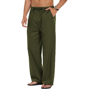 COOFANDY Men Linen Pants Casual Elastic Waist Drawstring Pants Summer Beach | Lightweight Breathable, Cotton Linen Trousers, Loose Fit with Pockets, Wide Leg, Vacation Yoga Lounge Wedding Dress(A- Army Green)
