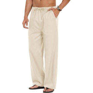 COOFANDY Men Linen Pants Casual Elastic Waist Drawstring Pants Summer Beach | Lightweight Breathable, Cotton Linen Trousers, Loose Fit with Pockets, Wide Leg, Vacation Yoga Lounge Wedding Dress(A- Light Khaki)