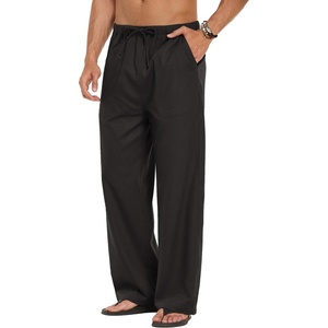 COOFANDY Men Linen Pants Casual Elastic Waist Drawstring Pants Summer Beach | Lightweight Breathable, Cotton Linen Trousers, Loose Fit with Pockets, Wide Leg, Vacation Yoga Lounge Wedding Dress(A- Black)