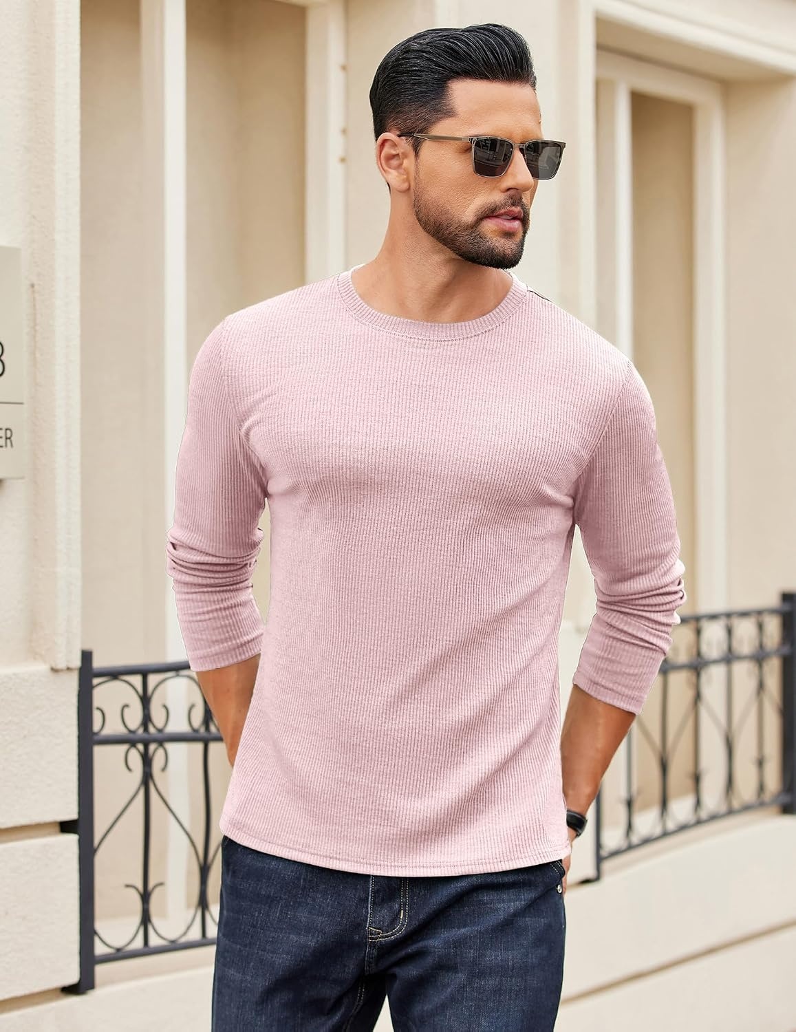 image:imageCOOFANDY Crewneck Sweaters for Men Slim Fit Long Sleeve Pullover Tops Stretch Ribbed Knit Soft Touch Fabric High Elasticity Thermal Long Sleeve Tee ShirtsPink