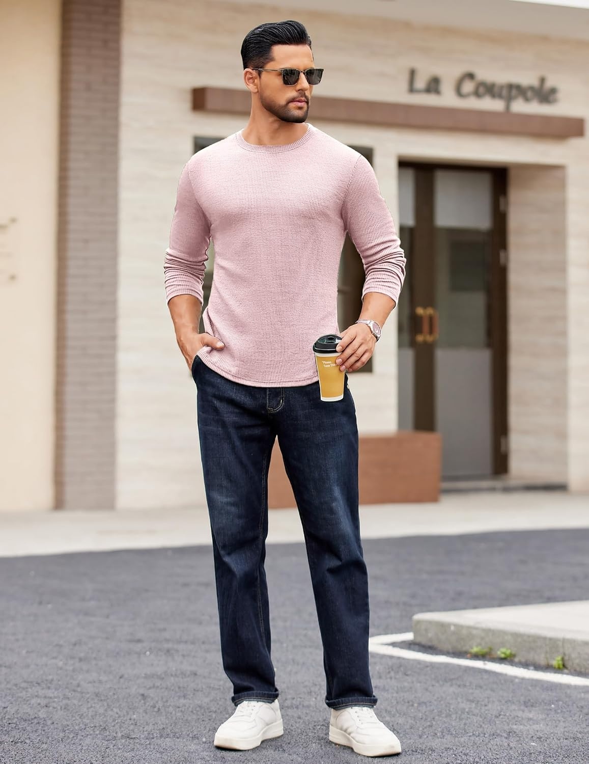 image:imageCOOFANDY Crewneck Sweaters for Men Slim Fit Long Sleeve Pullover Tops Stretch Ribbed Knit Soft Touch Fabric High Elasticity Thermal Long Sleeve Tee ShirtsPink