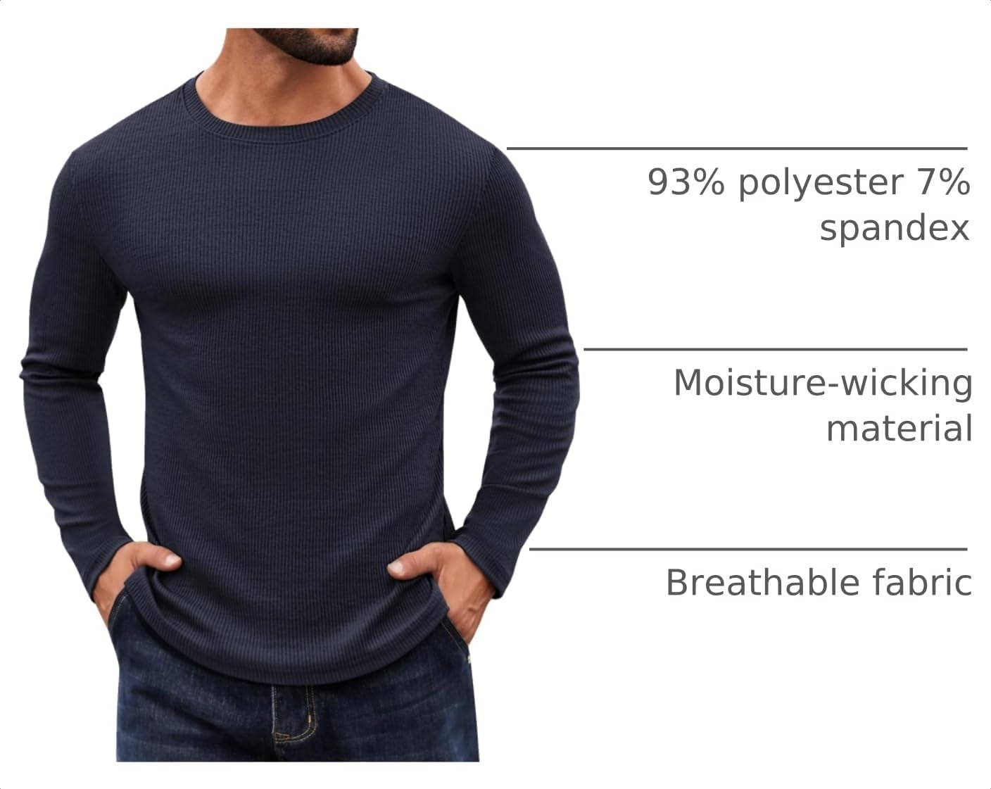 image:imageCOOFANDY Crewneck Sweaters for Men Slim Fit Long Sleeve Pullover Tops Stretch Ribbed Knit Soft Touch Fabric High Elasticity Thermal Long Sleeve Tee ShirtsNavy Blue