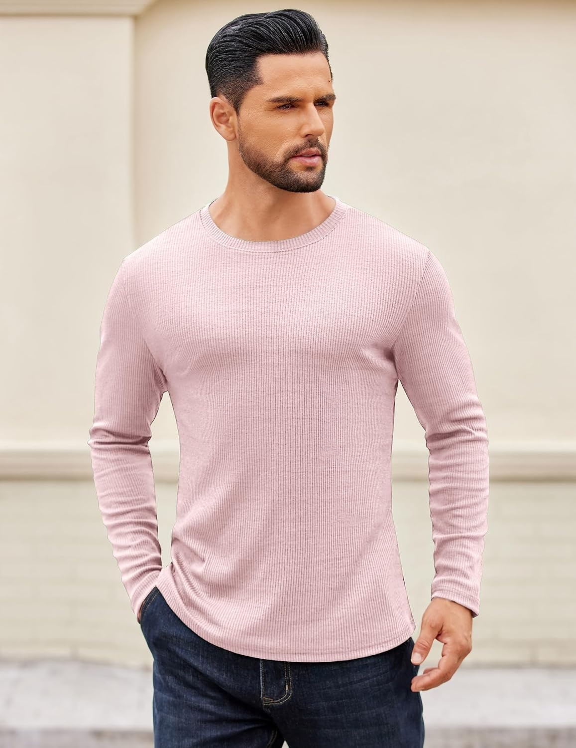 image:imageCOOFANDY Crewneck Sweaters for Men Slim Fit Long Sleeve Pullover Tops Stretch Ribbed Knit Soft Touch Fabric High Elasticity Thermal Long Sleeve Tee ShirtsPink