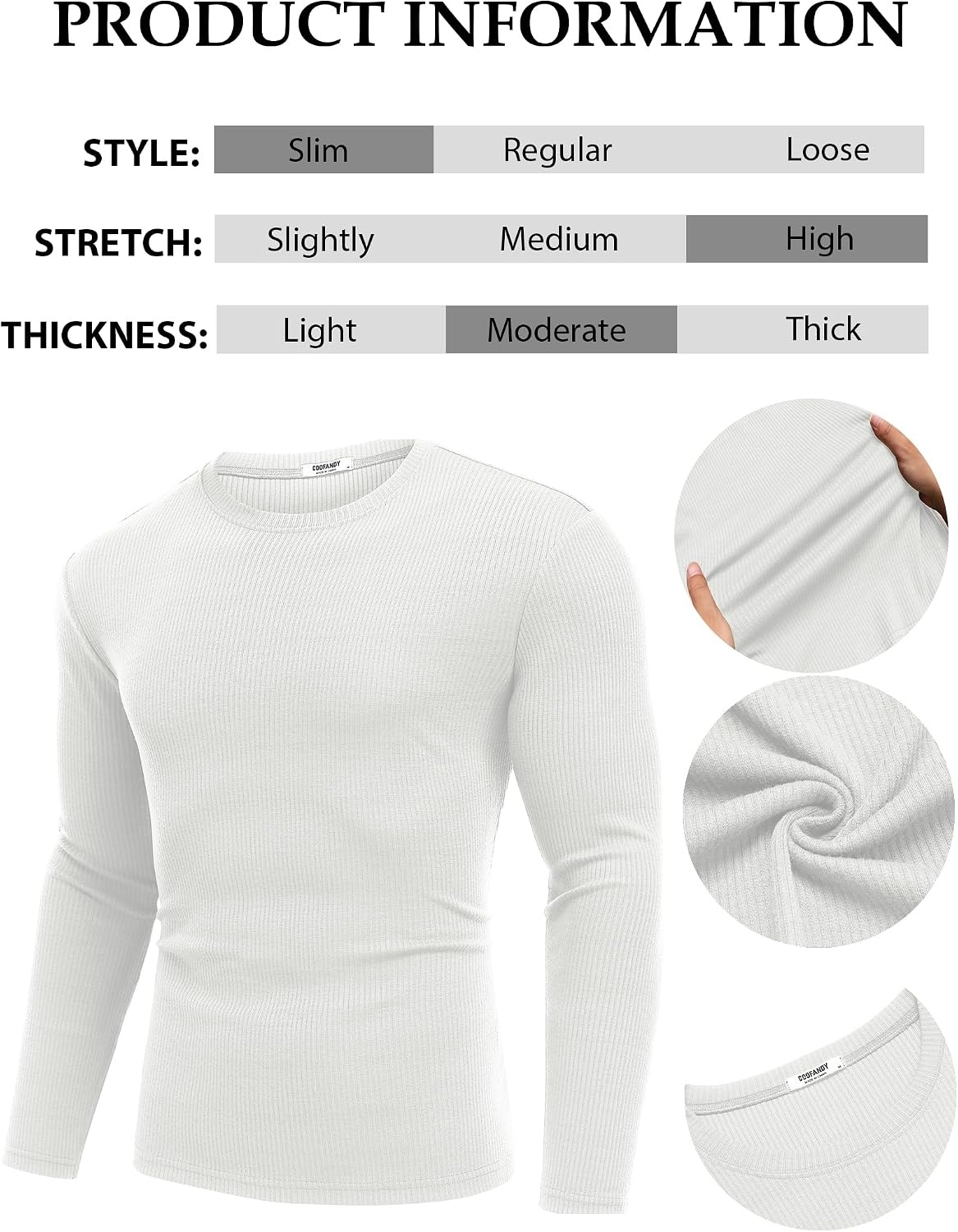 image:imageCOOFANDY Crewneck Sweaters for Men Slim Fit Long Sleeve Pullover Tops Stretch Ribbed Knit Soft Touch Fabric High Elasticity Thermal Long Sleeve Tee ShirtsAll White