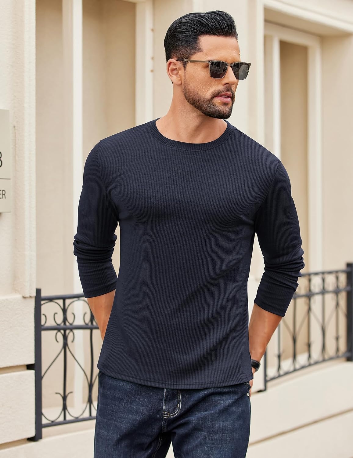 image:imageCOOFANDY Crewneck Sweaters for Men Slim Fit Long Sleeve Pullover Tops Stretch Ribbed Knit Soft Touch Fabric High Elasticity Thermal Long Sleeve Tee ShirtsNavy Blue