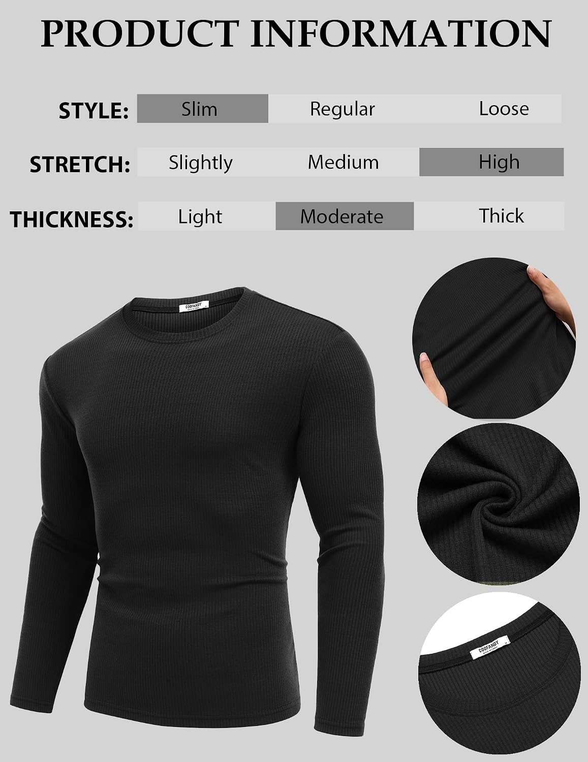 image:imageCOOFANDY Crewneck Sweaters for Men Slim Fit Long Sleeve Pullover Tops Stretch Ribbed Knit Soft Touch Fabric High Elasticity Thermal Long Sleeve Tee ShirtsAll Black